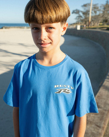 Boy wearing Tribal Burn Short Sleeve Tee Boys in Vallarta Blue