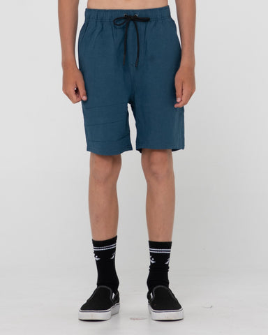 Boy wearing Overtone Linen Elastic Short Boys in Aspen Blue