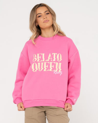 Woman wearing Gelato Queen Oversize Crew Fleece in Pink