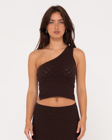 Woman wearing Leo One Shoulder Knit Top in Tuscan Brown