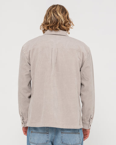 Man wearing V8 Coup Cord Jacket in Oyster Gray