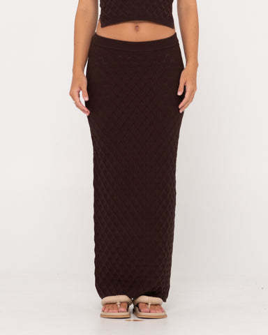 Woman wearing Leo Maxi Knit Skirt in Tuscan Brown