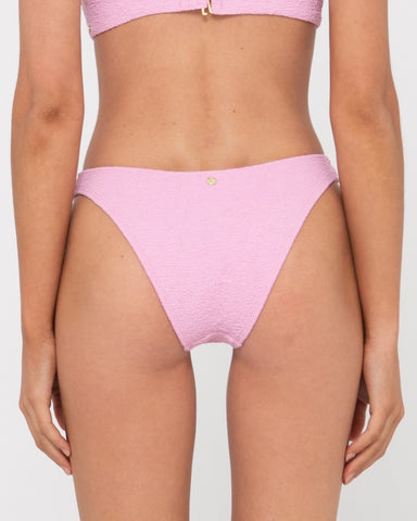 Woman wearing Sandalwood Midi Bikini Pant in Fondant Pink