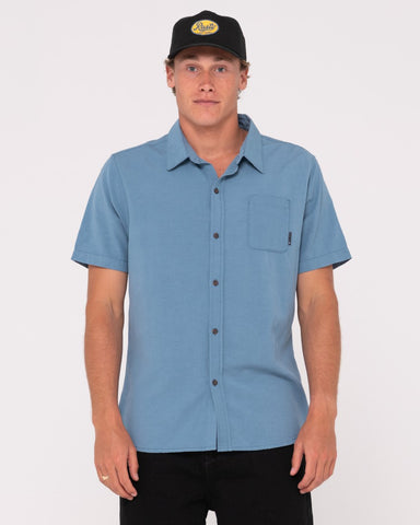 Boy wearing Overtone Short Sleeve Linen Shirt Boys in Yonder Blue
