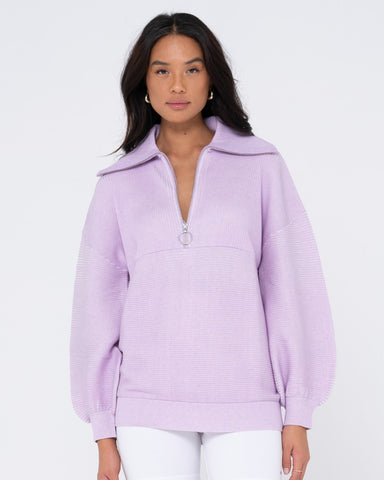 Woman wearing Rae Rib Knit in Lavender
