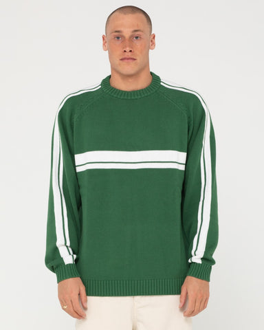 Man wearing White Lines Knit Sweater in Fairway Green