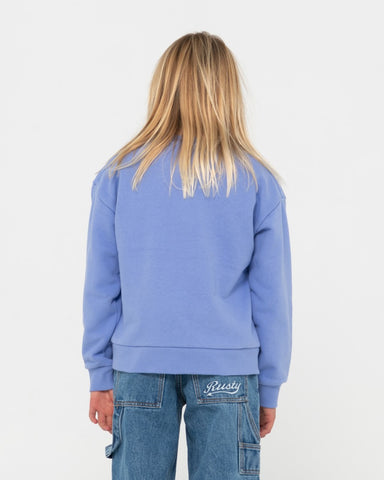Girl wearing Thriving Relaxed Crew Fleece Girls in Periwinkle Blue