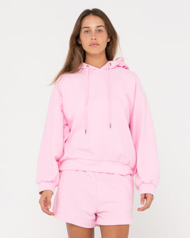 Woman wearing Rusty Signature Oversize Hooded Fleece in Soft Orchid