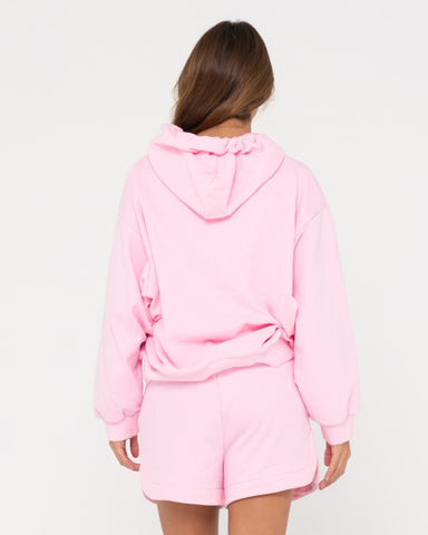 Woman wearing Rusty Signature Oversize Hooded Fleece in Soft Orchid
