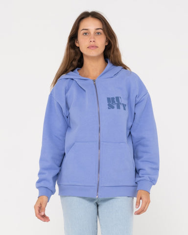 Woman wearing Rusty Code Oversize Zip Hooded Fleece in Periwinkle Blue