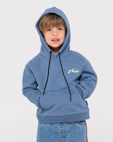 Boy wearing Competition Hooded Fleece Runts in China Blue/lime