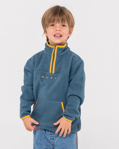 Boy wearing Polarized 1/4 Zip Polar Fleece Runts in China Blue
