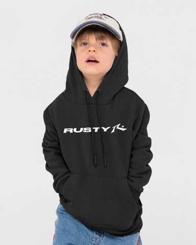 Boy wearing Vital Rusty Hooded Fleece Runts in Black / White