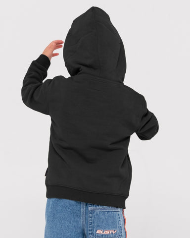 Boy wearing Vital Rusty Hooded Fleece Runts in Black / White