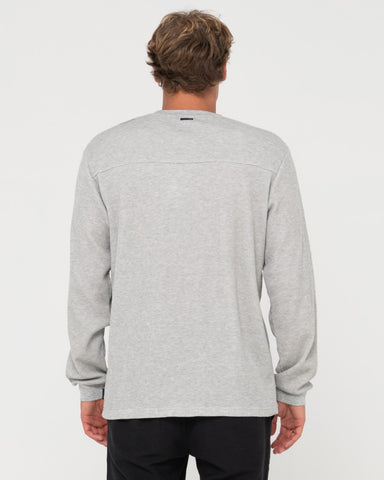 Man wearing Boxed Out Waffle Long Sleeve Tee in Grey Marle / Vallarta Blue