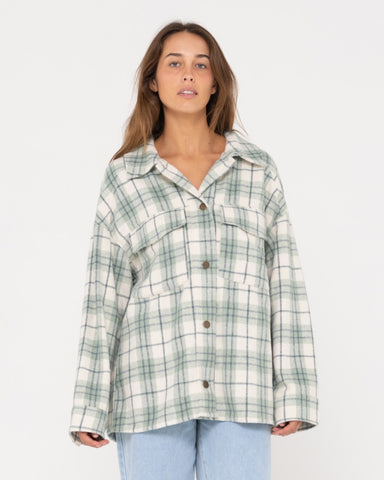 Woman wearing Stemming Long Sleeve Plaid Over Shirt in Faded Pistachio
