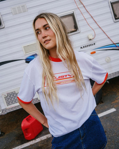 Woman wearing Boarding Pass Oversize Short Sleeve Tee in White