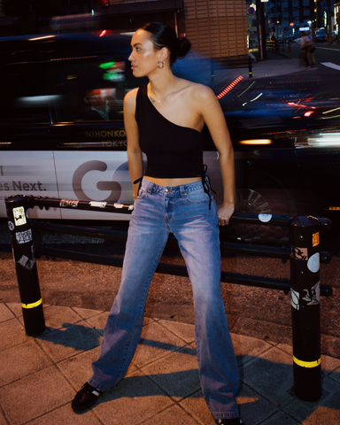 Woman wearing Low Rise Straight Leg Denim Jean in Blasted Middy Blue