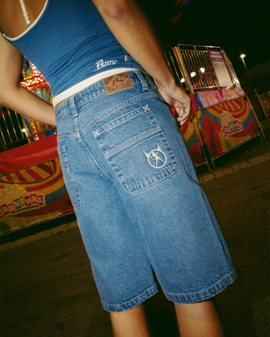 Woman wearing Legless Low Rise Denim Jort in Middy Blue