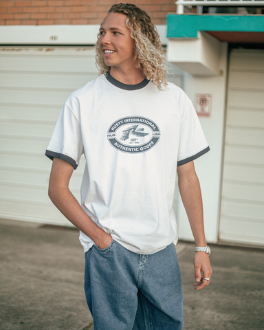 Man wearing Rush Hour Short Sleeve Ringer Tee in White