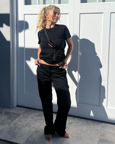 Woman wearing Bobbi Low Rise Pant in Black