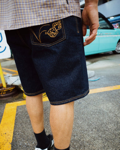 Man wearing Lucifer Loose Lucky Short-raw Dawg Blue in Raw Dawg Blue