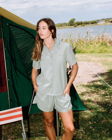 Woman wearing Stripy Girl Lounge Linen Short in Faded Pistachio