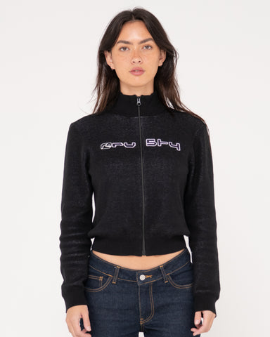 Woman wearing Sundial Zip Though Skimmer Knit in Black