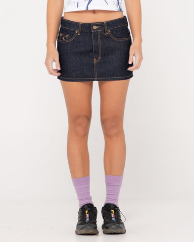 Woman wearing Ripper Raw Low Rise Denim Micro Skirt in Raw Dawg Blue 1