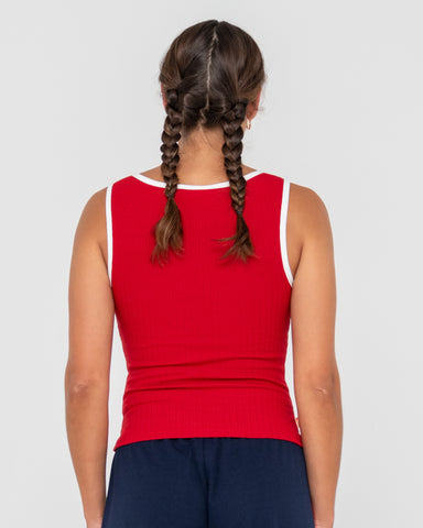 Woman wearing Ashley Ribbed Fashion Top in Rio Red