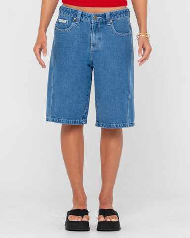 Woman wearing Legless Low Rise Denim Jort in Middy Blue