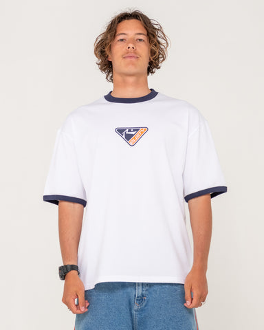 Man wearing Trisector Ringer Short Sleeve Tee in White