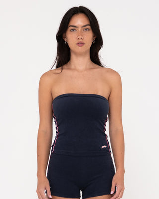 Woman wearing Bodhi Towelling Tube Top in Navy