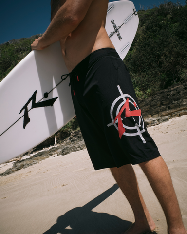 Man wearing Dead Eye Boardshort in Black