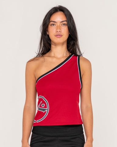 Woman wearing Richie Rich Mesh One Shoulder Top in Red