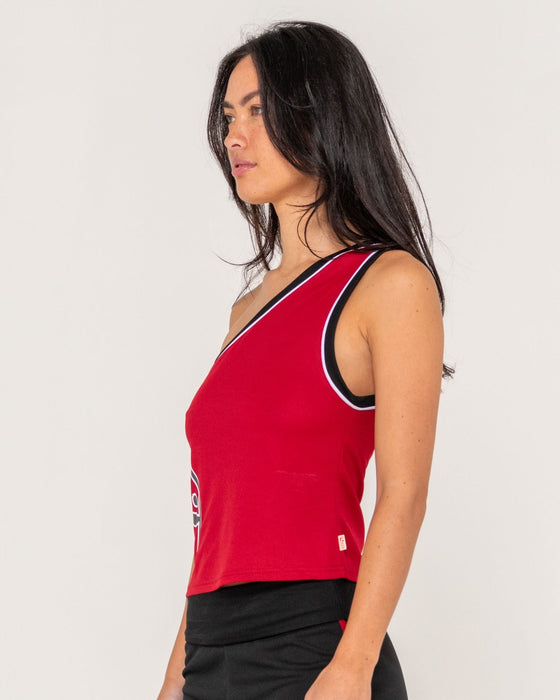 woman-wearing-richie-rich-mesh-one-shoulder-top-in-cranberry