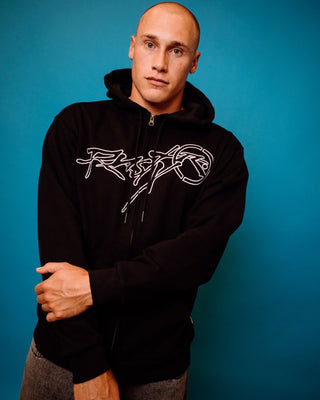Man wearing Hoodus Zip Thru Hooded Fleece in Black