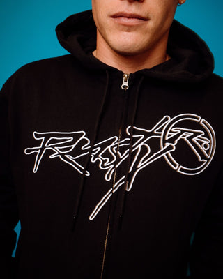 Man wearing Hoodus Zip Thru Hooded Fleece in Black