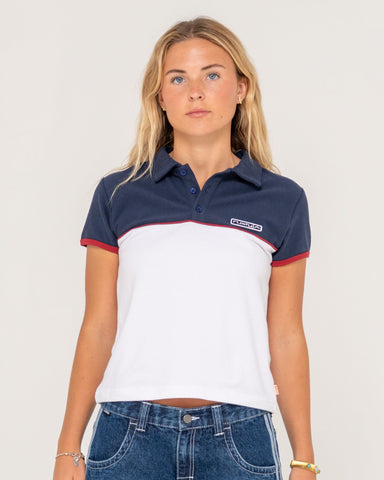 Woman wearing Insert Dad Joke Baby Polo Tee in Multi