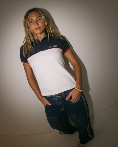 Woman wearing Insert Dad Joke Baby Polo Tee in Multi