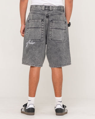 Man wearing Stitch Up Jort in Washed Black