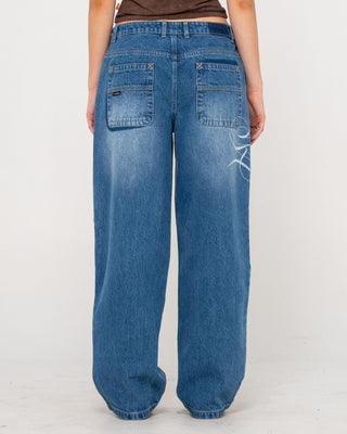 Woman wearing He Ghosted Bethany Baggy Low Rise Jean in Blasted Middy Blue