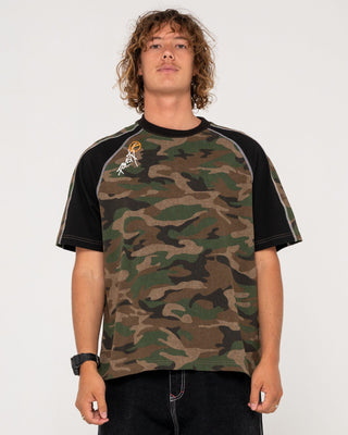 Man wearing Woof Raglan Short Sleeve Tee in Camo