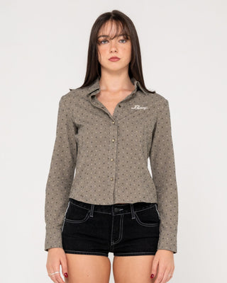 Woman wearing Hottie Hounds L/S Button Up Shirt in Black / Cream