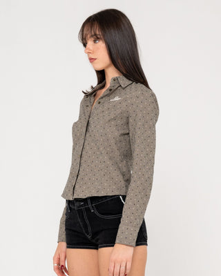 Woman wearing Hottie Hounds L/S Button Up Shirt in Black / Cream