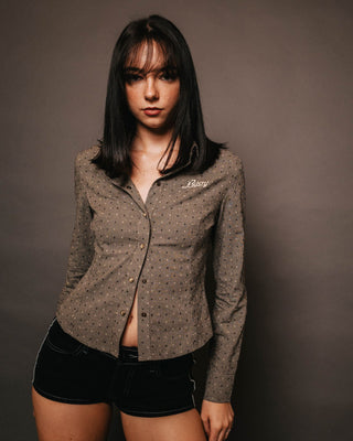 Woman wearing Hottie Hounds L/S Button Up Shirt in Black / Cream