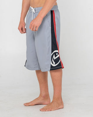 Man wearing Carnage Hybrid Waist Boardshort in Stone Grey