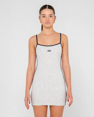 Woman wearing Jetlag Jersey Mini Dress in Ecru Marle
