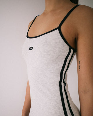 Woman wearing Jetlag Jersey Mini Dress in Ecru Marle