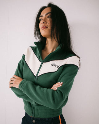 Woman wearing Fever Zip Through Fleece in Green Bean
